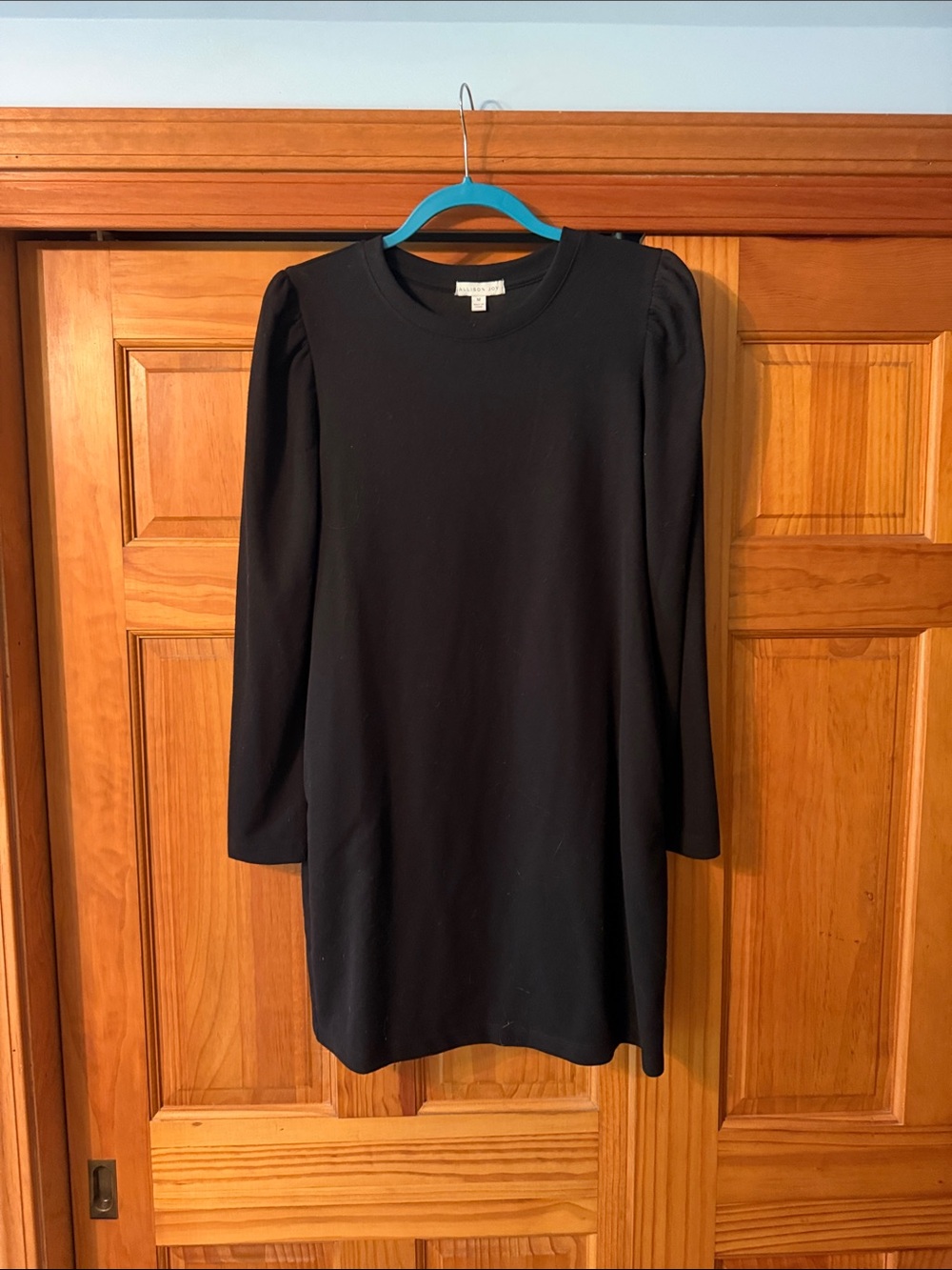 Black Long-Sleeve Shift Dress with Subtle Puff Shoulder